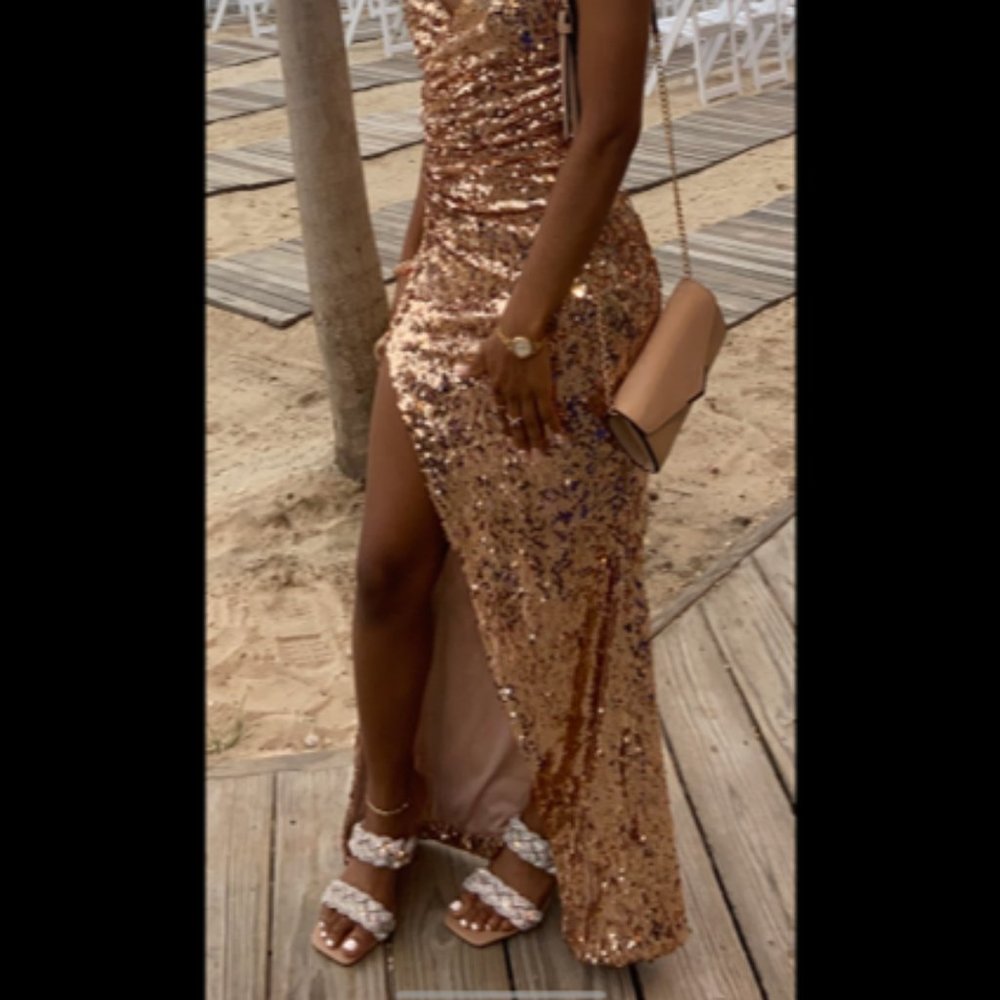 Fashion Nova Beautiful Escape Gold Sequin Long Maxi Dress XS - Mauve